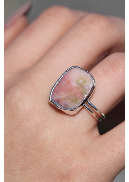 Pembe Opal Oval Model Gümüş Kaplama Ayarlanabilir Doğal Taş Yüzük