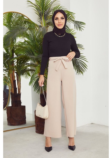 Bel Lastik Detaylı Bol Pantolon-Taş