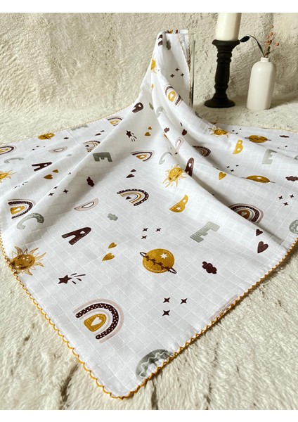 Masal Baby Kids Çok Amaçlı Müslin Örtü 80 x 90 cm Yeni Doğan/Bebek/Çocuk Gökkuşağı Harfli Güneşli Müslin Bez/Battaniye