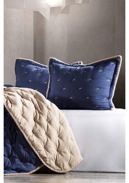 Tender Indigo/bej Tek Kişilik Comforter Çift Taraflı Kullanılabilir Yatak Örtüsü Seti