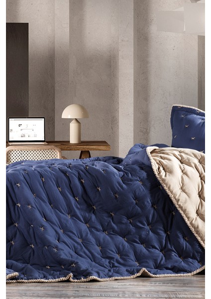 Tender Indigo/bej Tek Kişilik Comforter Çift Taraflı Kullanılabilir Yatak Örtüsü Seti