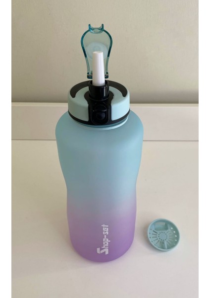 Shop-Set 2000 ml Pipetli ve Süzgeçli Tritan Motivasyonlu Su Matarası Çift Renk Softtouch