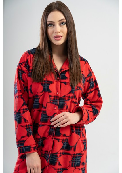 Kadın Polar Tamamı Düğmeli Uzun Kol Gecelik