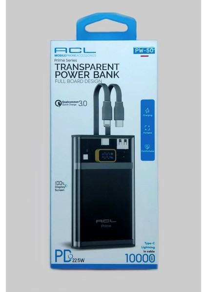 Şeffaf Göstergeli 10000MAH Lightning ve Type-C Kablolu Hızlı Şarj Q3.0 Powerbank