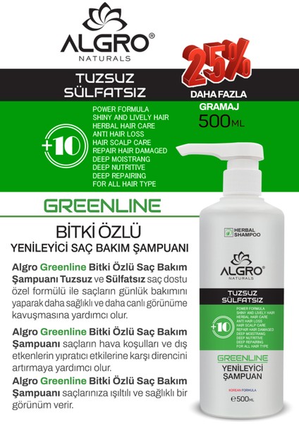 Greenline Bitki Özlü Yenileyici Saç Bakım Şampuanı+Saç Kremi+Saç Maskesi Tek Üründe Hızlı Uzama Etkili Tuzsuz Sülfatsız Şampuan