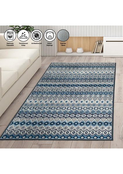 Modern Iskandinav Kilim Desenli Mavi Gri Halı Kaymaz Taban Makinada Yıkanabilir