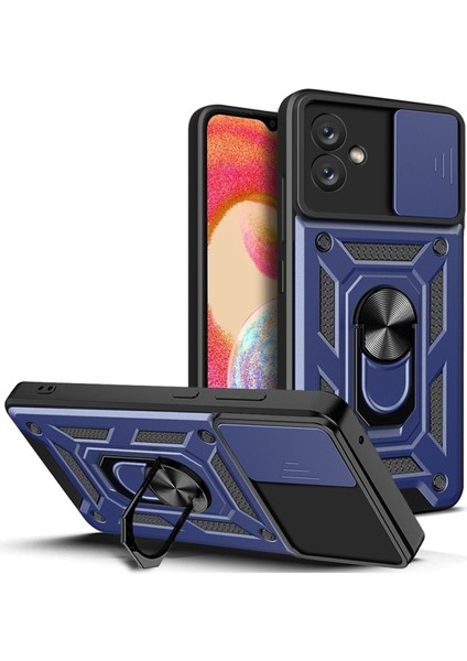 Samsung Galaxy A04E Kılıf Sert Silikon Tank Aramid Sürgülü Vega Yüzüklü Lacivert