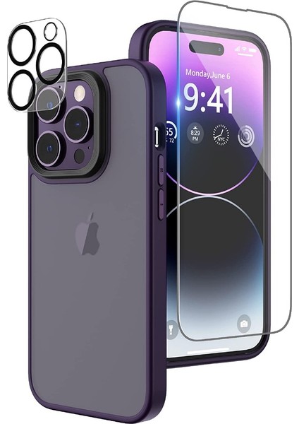 Apple iPhone 14 Pro Max Kılıf Impact Alpin Mat Buzlu Kapak Derin Mor + Nano Ekran Koruyucu + Kamera Koruyucu