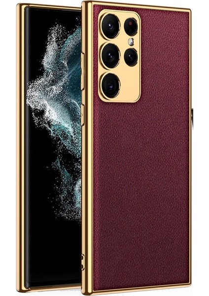 Samsung Galaxy S23 Ultra Kılıf Fizyon Lazer Kaplama Silikon Deri Görünümlü Kamera Korumalı Bordo