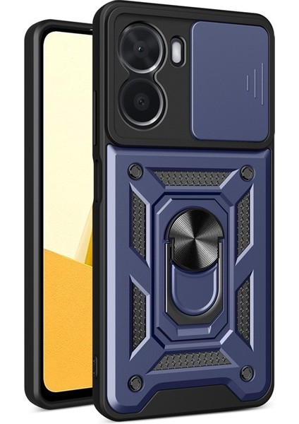 Vivo Y16 Kılıf Sert Silikon Tank Aramid Sürgülü Vega Yüzüklü Lacivert