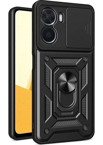 Vivo Y16 Kılıf Sert Silikon Tank Aramid Sürgülü Vega Yüzüklü Siyah