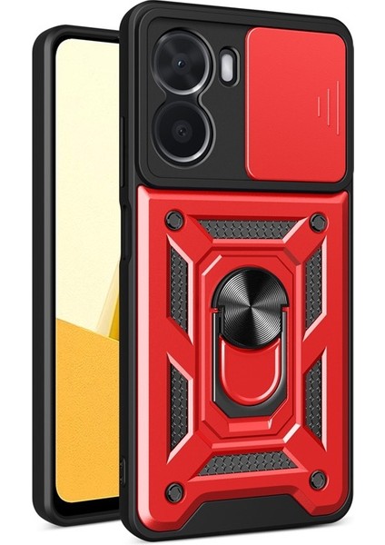 Vivo Y16 Kılıf Sert Silikon Tank Aramid Sürgülü Vega Yüzüklü Kırmızı