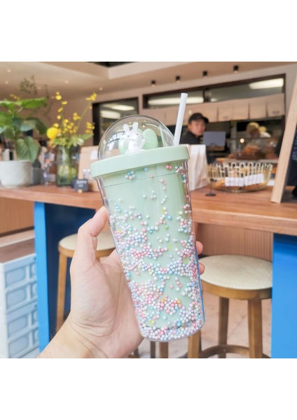 Plastik Çift Katmanlı Kahvaltı Süt Suyu Bardağı Pipetli 550ML (Yurt Dışından)