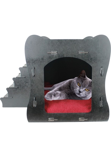 Büyük Kedi Evi Dekoratif Ahşap Dayanıklı 50X35 cm Kedi Yatağı Merdivenli Model