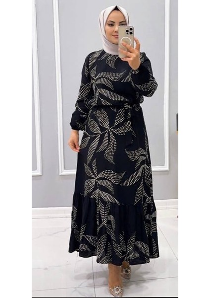 Siyah Kuşaklı Çiçek Desenli Elbise10