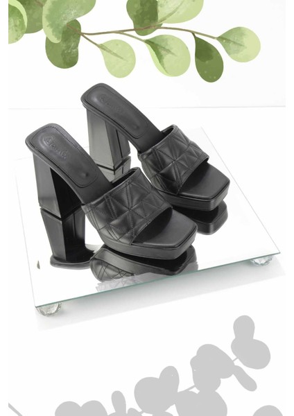 Kadın Terlik Siyah Renk Yüksek Topuklu Suni Deri Günlük Rahatlık Sunar