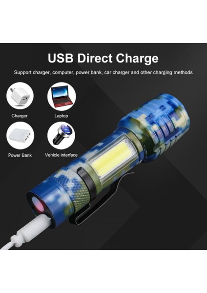 Güçlü LED USB Şarjlı Mini El Feneri 2 Mod Yan LED Çakarlı Deprem Feneri Kamp Fener Kamuflaj Desenli