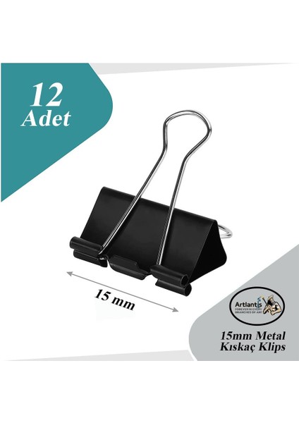 Çelik Kıskaç Klips 15 mm 12 Adet 1 Paket Metal Mandal Binder Clips Kıska 30 Sayfa Kapasiteli Çok Amaçlı Kullanım