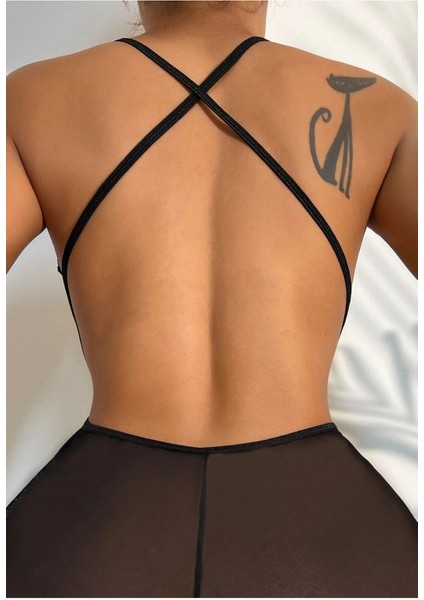 Kadın Çapraz Askı Detaylı Şık Dantel Tül Babydoll Gecelik - Tek Parça İç Çamaşırı Bodysuit - 6400