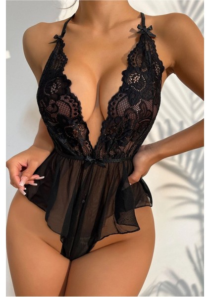 Kadın Çapraz Askı Detaylı Şık Dantel Tül Babydoll Gecelik - Tek Parça İç Çamaşırı Bodysuit - 6400 fırsatları