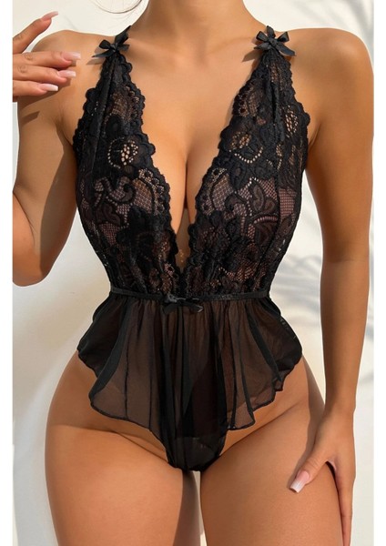 Kadın Çapraz Askı Detaylı Şık Dantel Tül Babydoll Gecelik - Tek Parça İç Çamaşırı Bodysuit - 6400 fiyatları