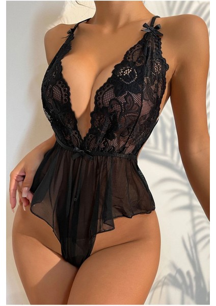 Kadın Çapraz Askı Detaylı Şık Dantel Tül Babydoll Gecelik - Tek Parça İç Çamaşırı Bodysuit - 6400 fırsatları