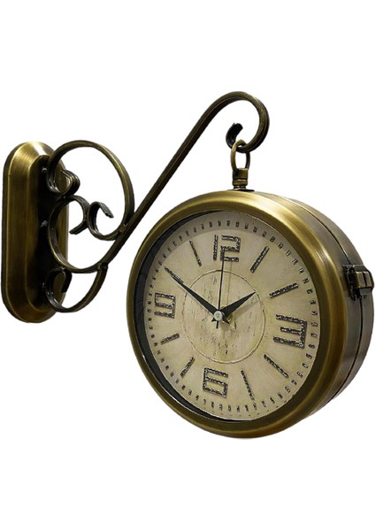 Çift Taraflı Gold Metal Duvara Askılı Salon Otel Duvar Saati K8