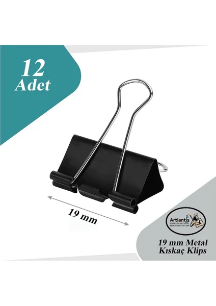 Çelik Kıskaç Klips 19 mm 12 Adet 1 Paket Metal Mandal Binder Clips Kıska 30 Sayfa Kapasiteli Çok Amaçlı Kullanım