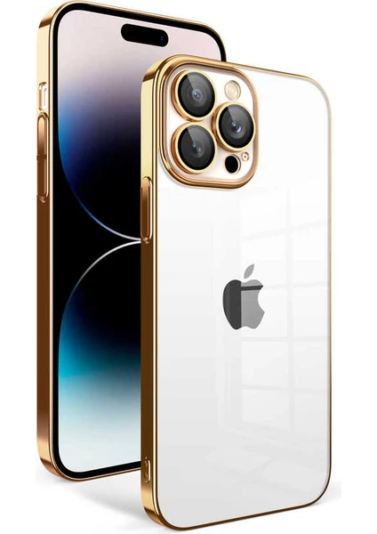 Caseart Apple iPhone 14 Pro ile Uyumlu Kapak Lens Korumalı Arkası Şeffaf Sert Mika Kılıf - Gold