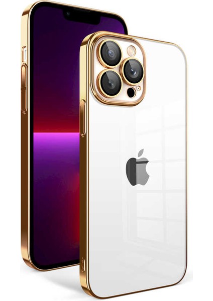 Apple iPhone 13 Pro ile Uyumlu Kapak Lens Korumalı Arkası Şeffaf Sert Mika Kılıf - Gold