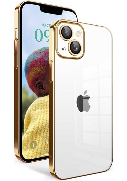 Case World Apple iPhone 14 ile Uyumlu Kapak Lens Korumalı Arkası Şeffaf Sert Mika Kılıf - Gold