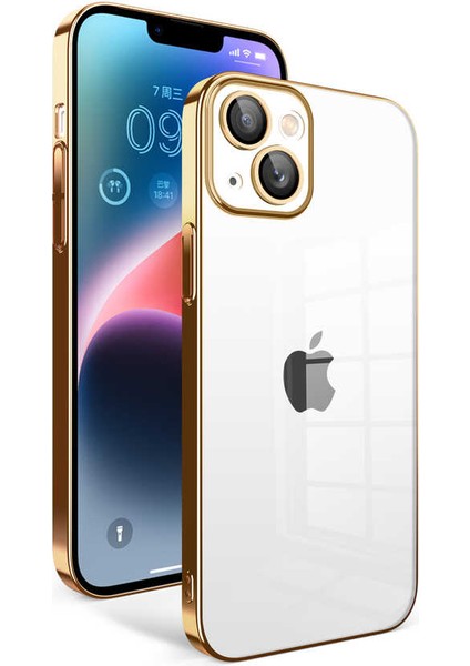 Apple iPhone 14 Plus ile Uyumlu Kapak Lens Korumalı Arkası Şeffaf Sert Mika Kılıf - Gold