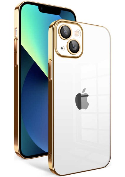 Apple iPhone 13 ile Uyumlu Kapak Lens Korumalı Arkası Şeffaf Sert Mika Kılıf - Gold