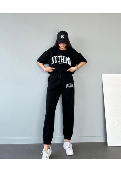 Tasarım Nothıng Baskılı Pamuk Oversize Kısa Kollu Yazlık Kadın Eşofman Takımı fiyatları