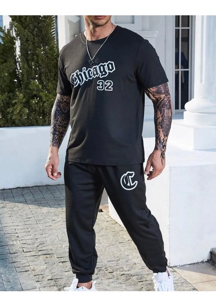 Tasarım Chıcago 32 Baskılı Oversize Kısa Kollu Yazlık Erkek Eşofman Takımı