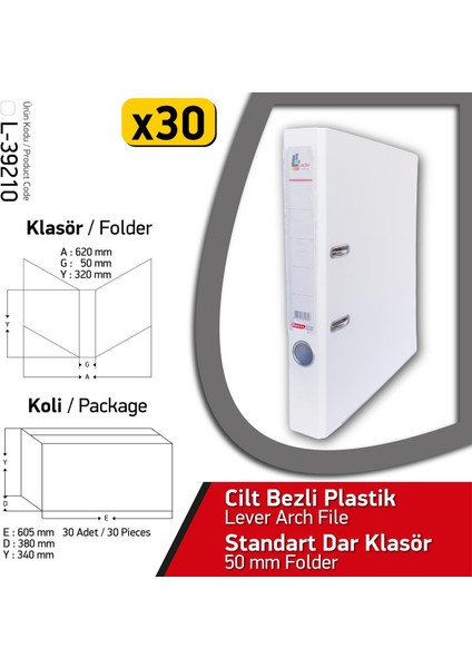 Klasör Beyaz Dar 30 Adet 1 Koli