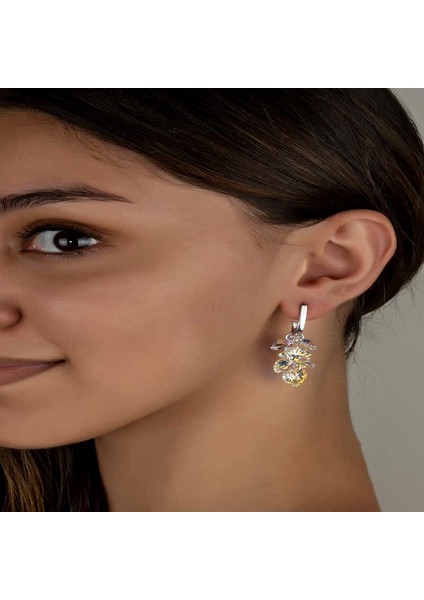 Swarovski Crystal Taşlı Gümüş Kalp Salkım Sallantılı Çivili Kadın Küpe