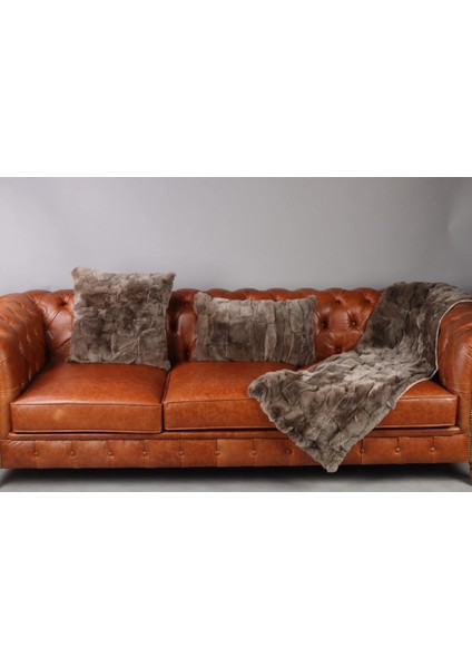 Kahverengi Doğal Kürk Koltuk Şal Takımı Şal 50 X 180 Cm, Yastık 50 X 50 Cm, Bel Yastığı 35 X 60 Cm