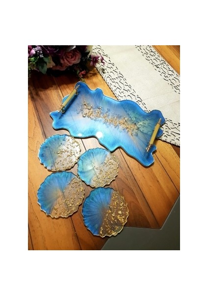 Büyük Boy Altın Varaklı Dalgalı Desenli Söz Nişan Damat Epoksi Tepsi Bardak Altlığı Seti