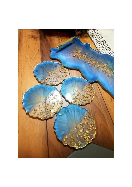 Büyük Boy Altın Varaklı Dalgalı Desenli Söz Nişan Damat Epoksi Tepsi Bardak Altlığı Seti