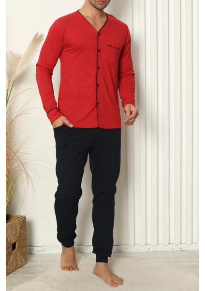 Erkek Pijama Takımı Uzun Kollu Cepli Pamuklu Likrali Kırmızı