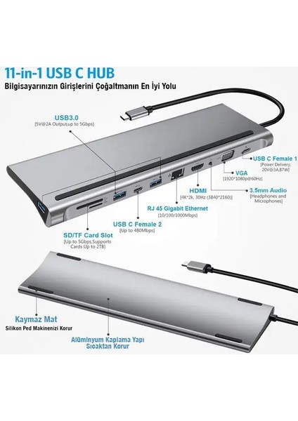 87W Masaüstü 11IN1 Hub Type-C Çoğaltıcı Dönüştürücü Hub 5gbps 4K Hd VGA Sd Dönüştürücü Hub