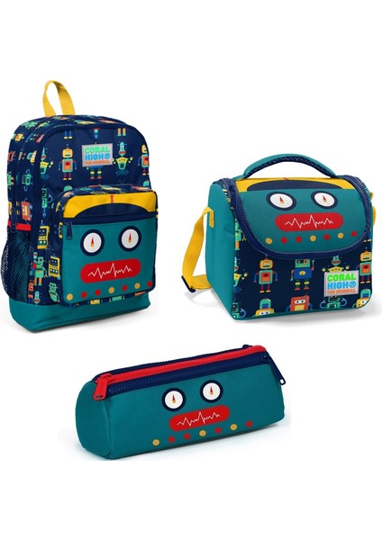 Çanta Coral High Kids Lacivert Robot Desenli Çanta Beslenme Kalemlik 3'lü Set