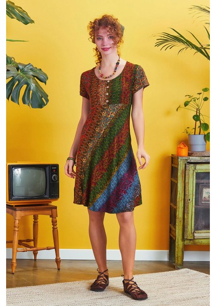 Önü Düğmeli Patchwork Kısa Kol Bohem Elbise