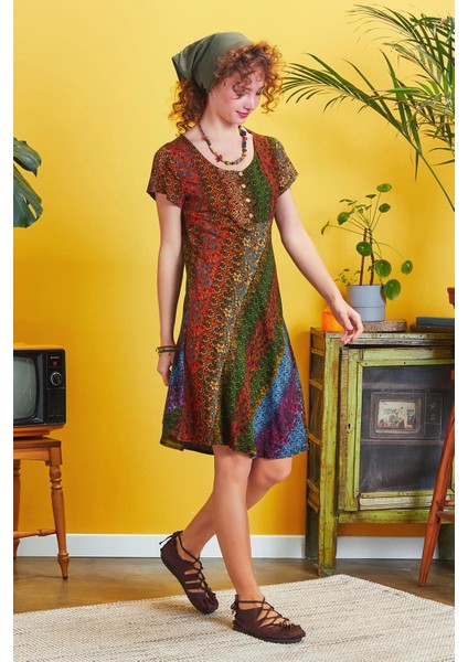 Önü Düğmeli Patchwork Kısa Kol Bohem Elbise