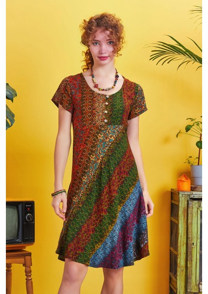 Önü Düğmeli Patchwork Kısa Kol Bohem Elbise