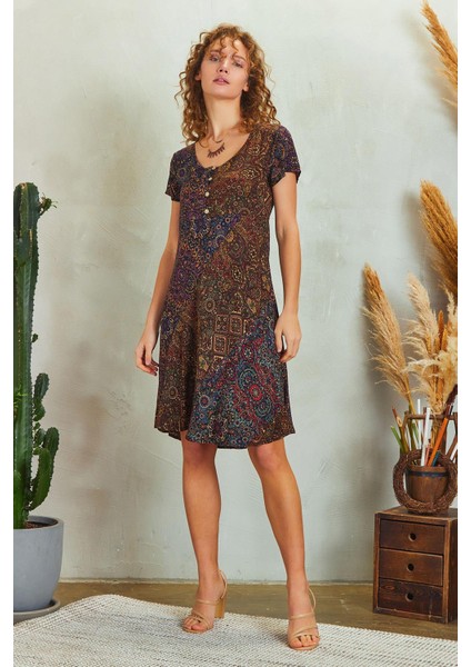 Önü Düğmeli Patchwork Kısa Kol Bohem Elbise modelleri