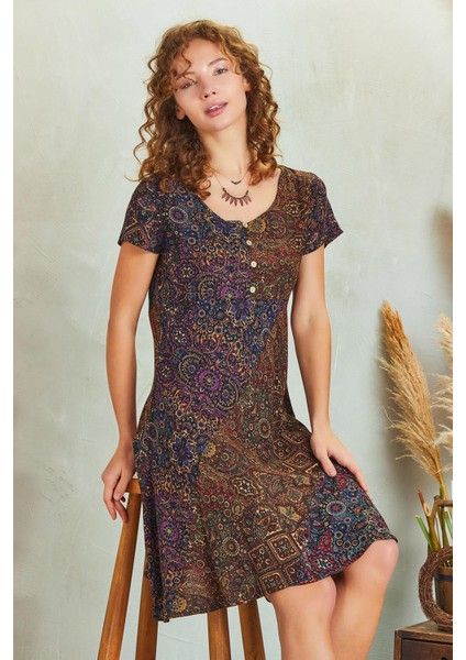 Önü Düğmeli Patchwork Kısa Kol Bohem Elbise fırsatları