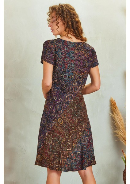 Önü Düğmeli Patchwork Kısa Kol Bohem Elbise indirimleri