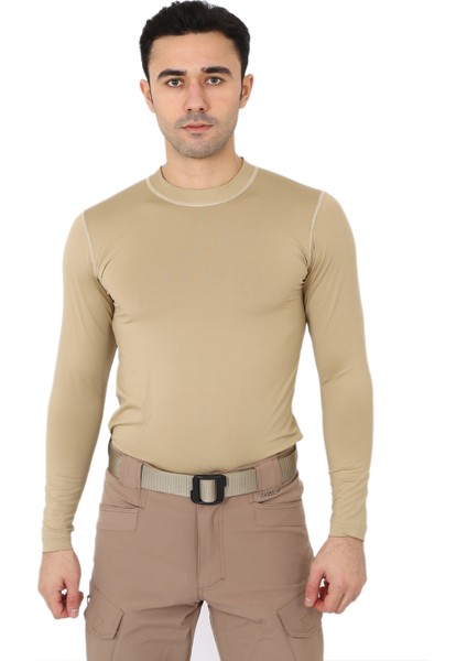 Bej Uzun Kol Microfiber T-Shirt - Sporcu Tişörtü